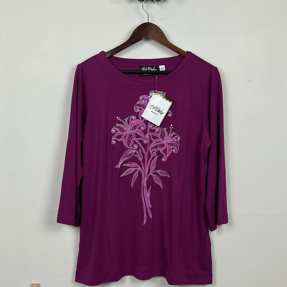 Bob Mackie Wearable Art Magenta Floral Rhinestone 3/4 Sleeve Top Large